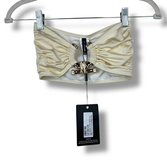 PrettyLittleThing Cream Hammered Trim Bandeau & High Waist Bikini 2-Piece Set - Picture 5 of 13